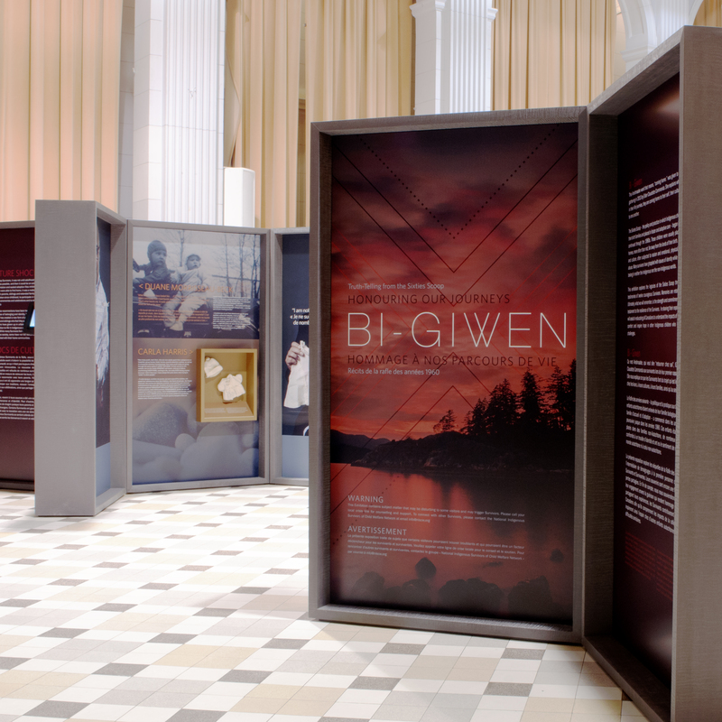 Bi-Giwen: Truth Telling from the Sixties Scoop – 
Concept, interpretive plan, and content by Kate Laing; art direction and graphic design by Trina Cooper-Bolam for the Legacy of  Hope Foundation 